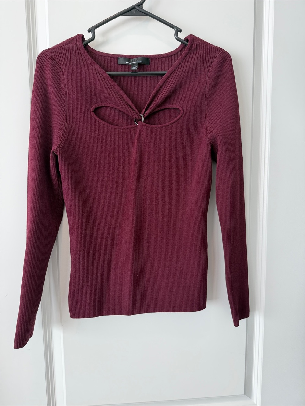 White House Black Market Wine Long-Sleeve Ribbed Top with Front Ring Cutouts